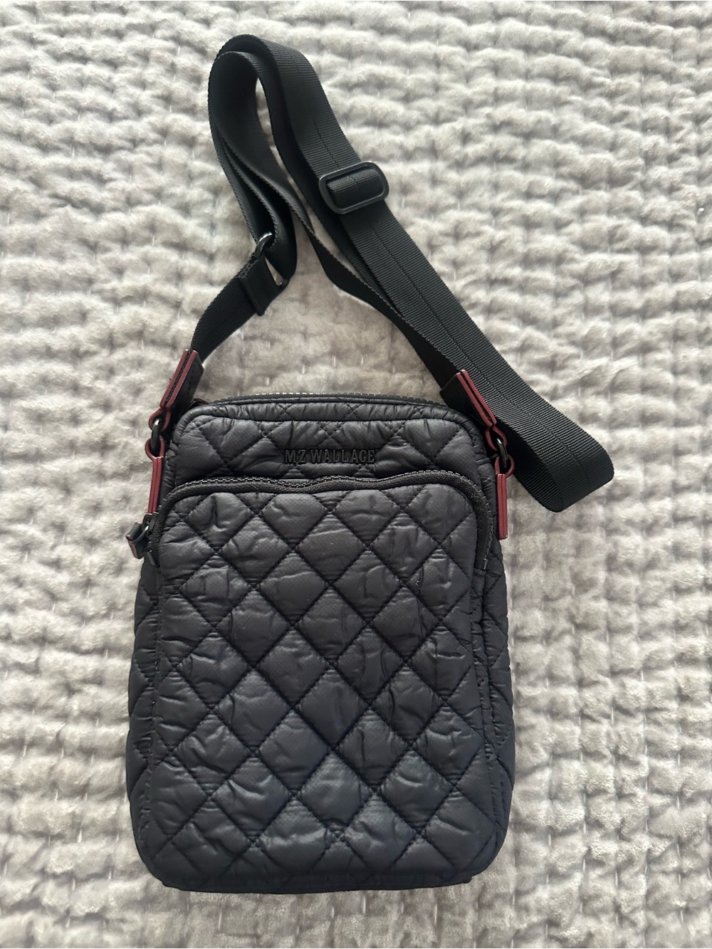 MZ Wallace Black Quilted Crossbody with Burgundy Hardware